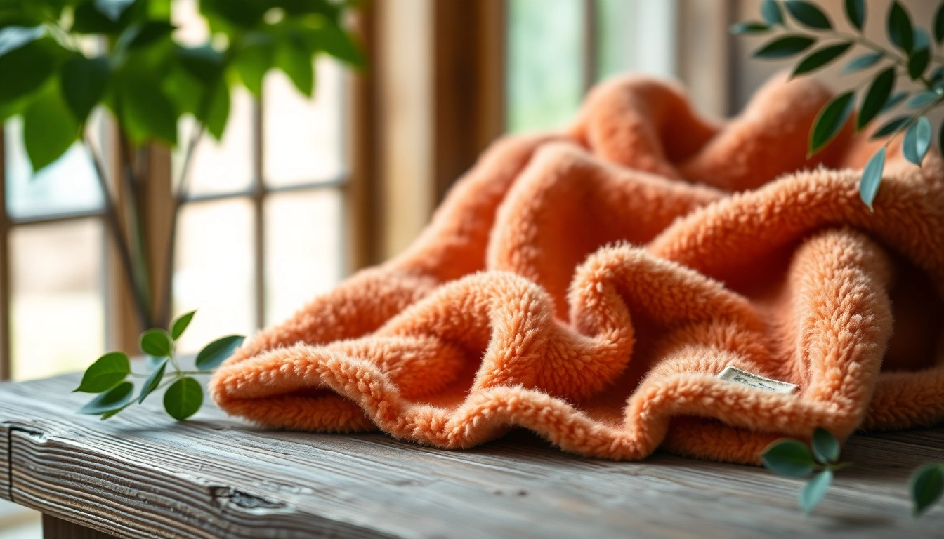 Fleece stof in warme kleuren op een houten tafel met natuurlijke elementen eromheen.