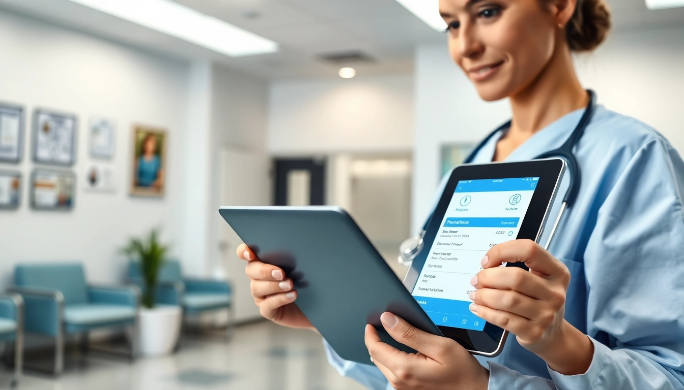 Healthcare provider managing apps for electronic prescriptions on a tablet in a modern clinic.