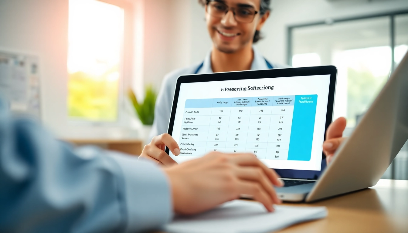 E-prescribing software pricing analysis with healthcare professional in modern office.