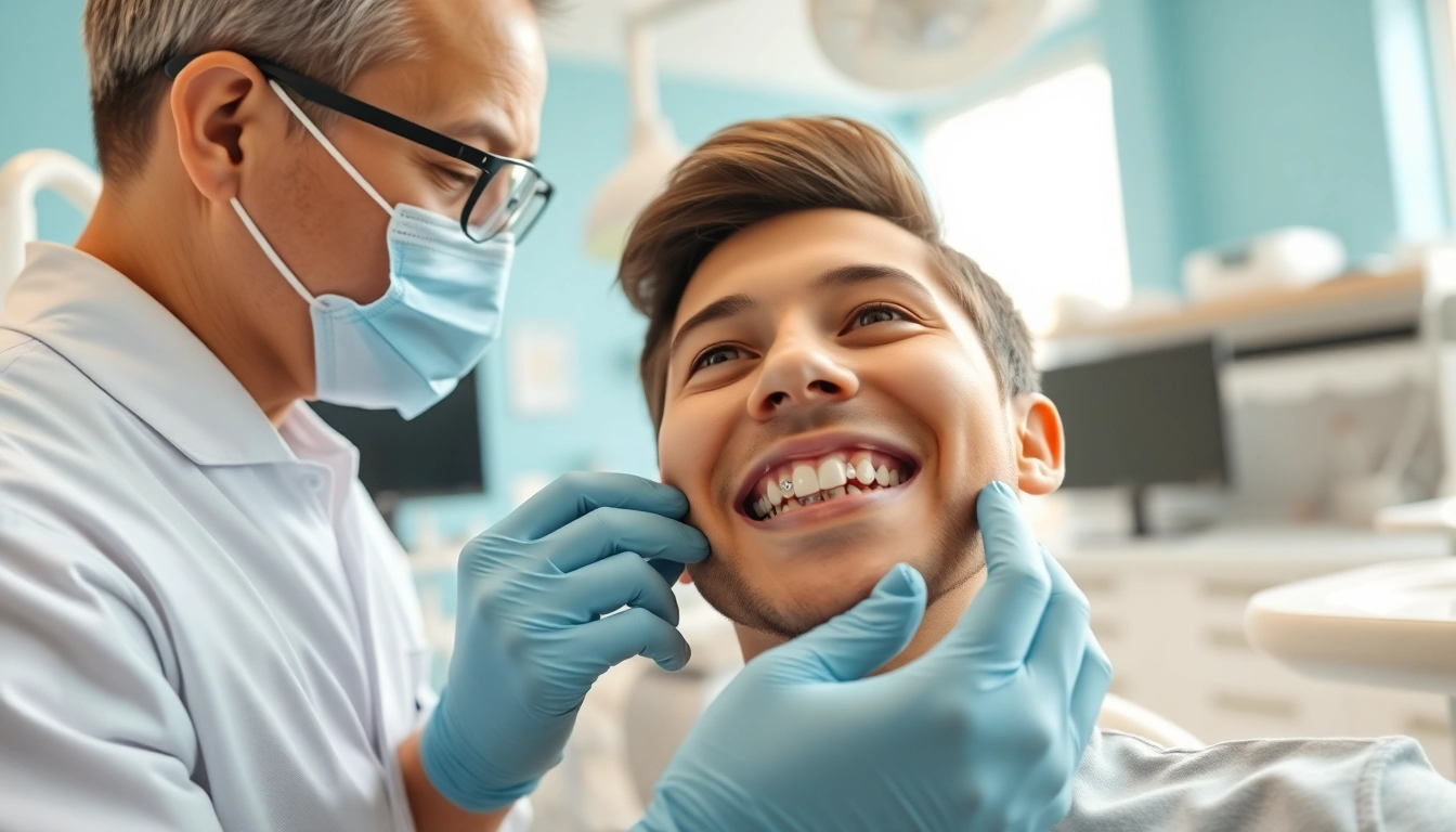 Orthodontist fitting braces Myrtle Beach in a modern dental setting with natural light.