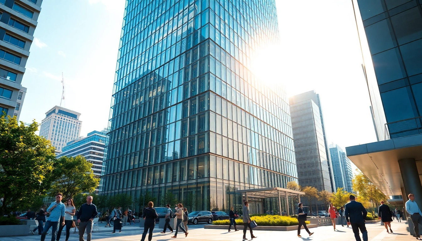 Architekturvisualisierung eines modernen Wolkenkratzers in einer lebhaften Stadtumgebung mit natürlichen Elementen.